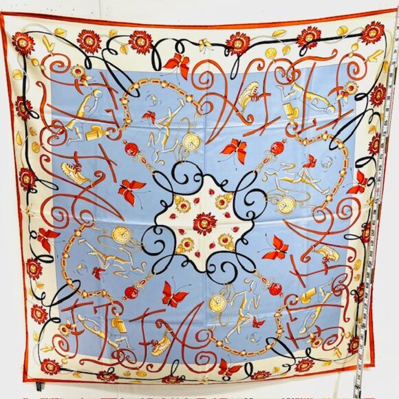 Unused-Scarf  PROJECT 100% silk satin, 34" x34 Art Designs blue ivery yellow (49 - Picture 8 of 9